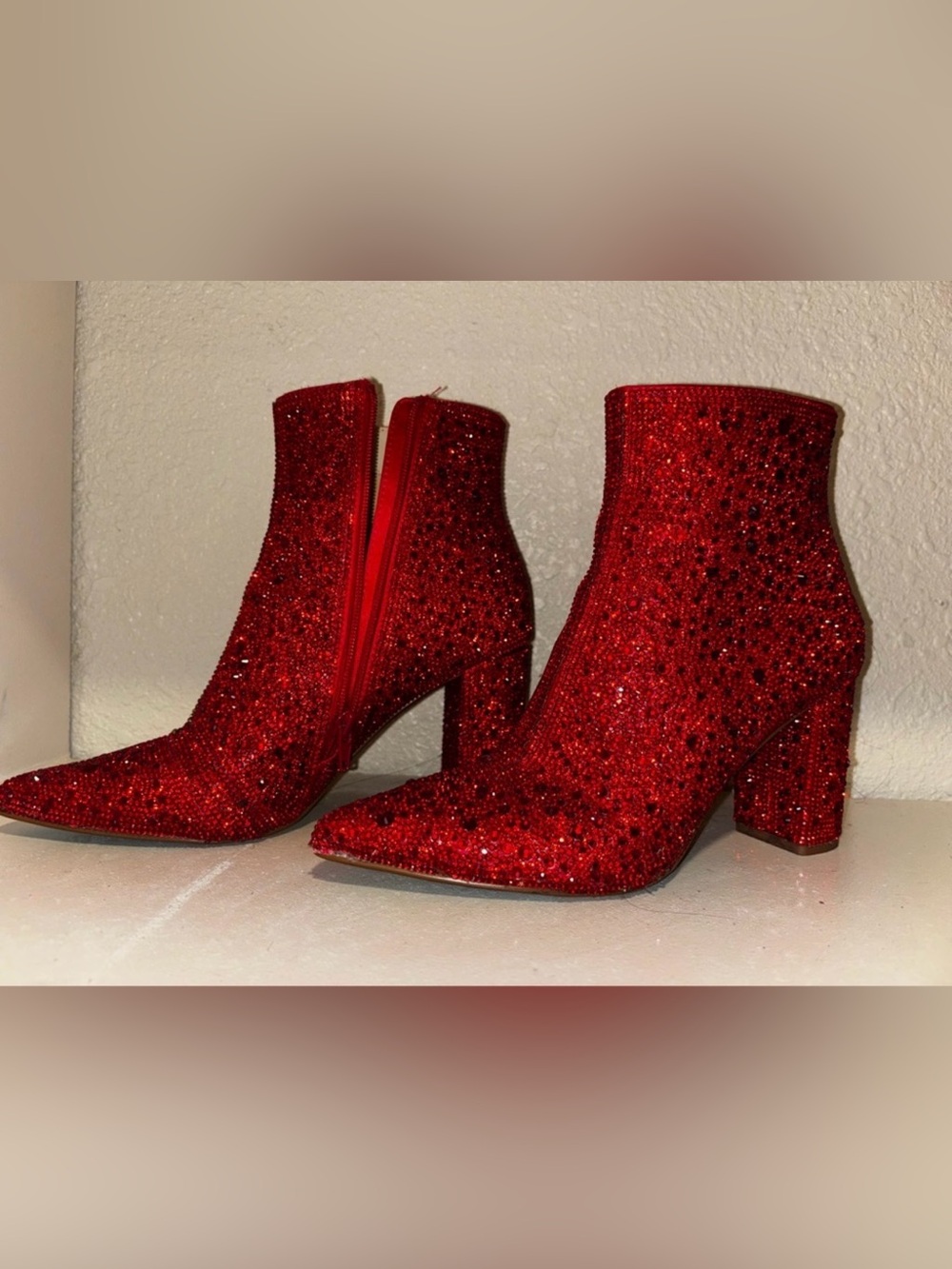 Betsey Johnson Red Crystal-Embellished Ankle Boots